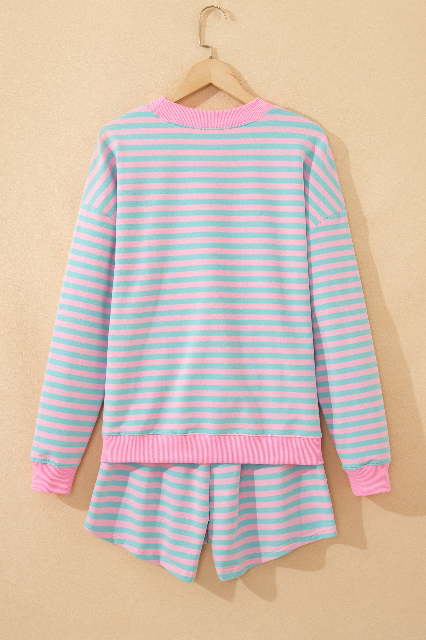 Pink Stripe Color Block Detail Long Sleeve Pullover & Elastic Waist Shorts Set