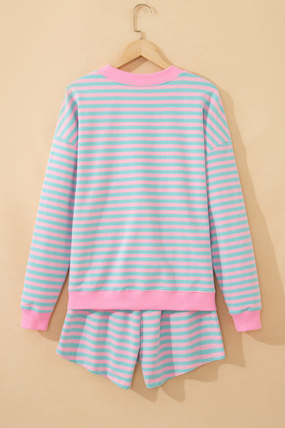 Pink Stripe Color Block Detail Long Sleeve Pullover & Elastic Waist Shorts Set
