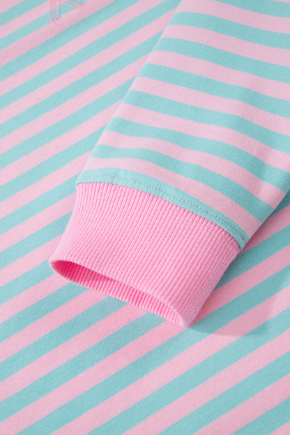 Pink Stripe Color Block Detail Long Sleeve Pullover & Elastic Waist Shorts Set