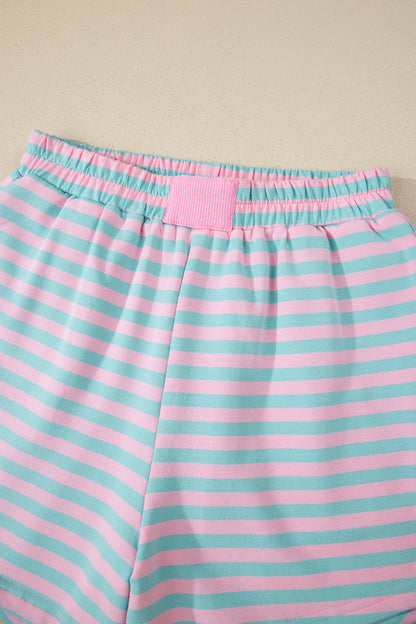 Pink Stripe Color Block Detail Long Sleeve Pullover & Elastic Waist Shorts Set