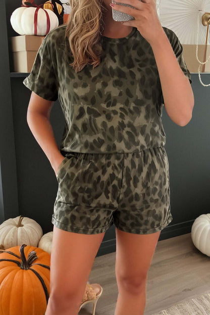 Olive leopard print crew neck tee and elastic waist shorts set with rolled hems and side pockets