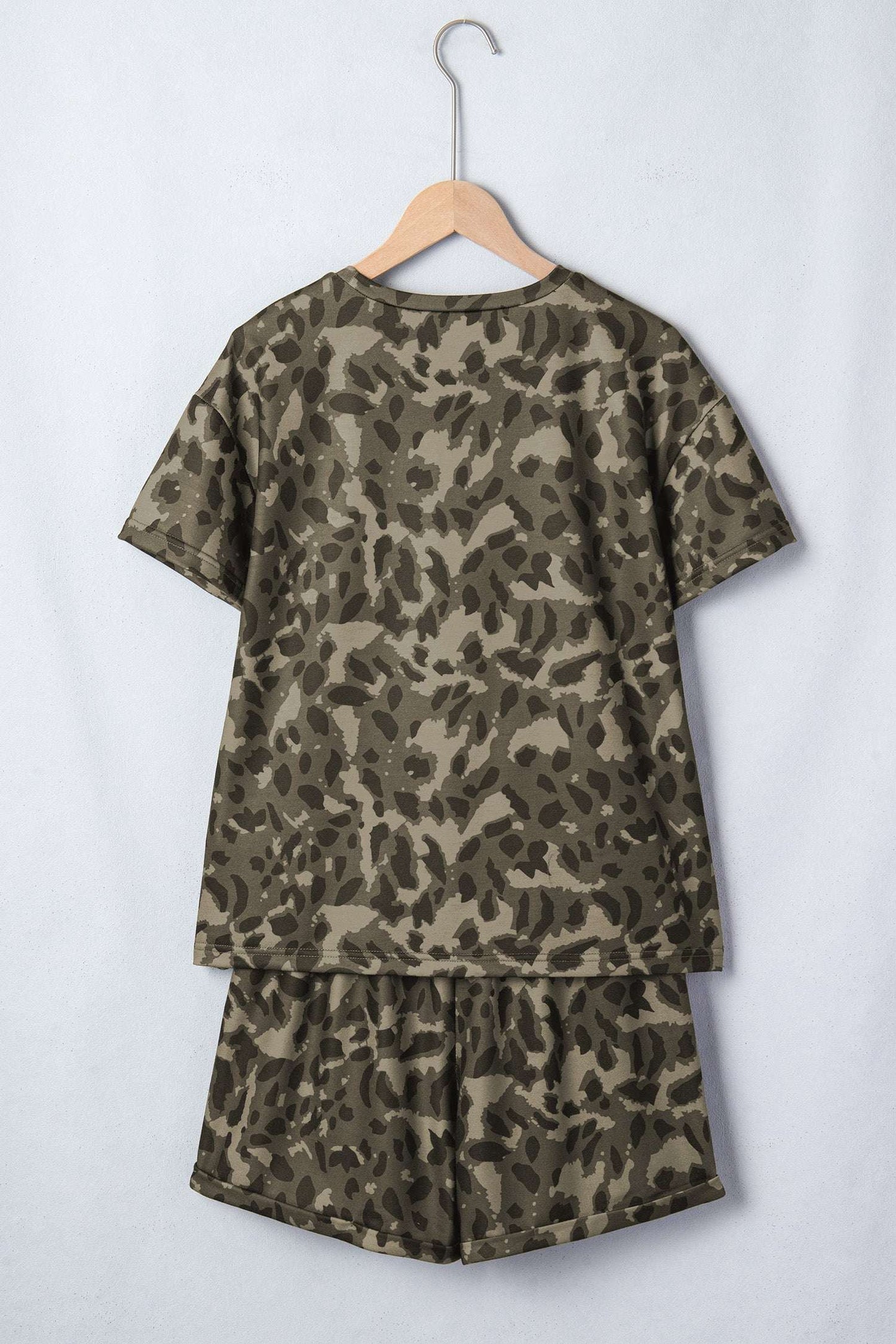 Olive Leopard Print Crew Neck Short Set