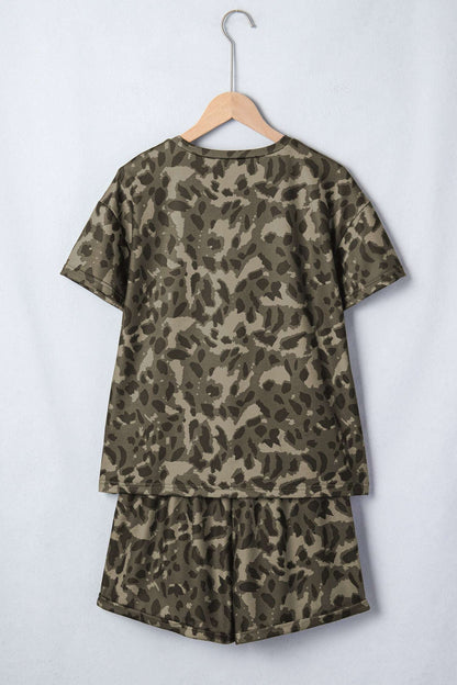 Olive Leopard Print Crew Neck Short Set