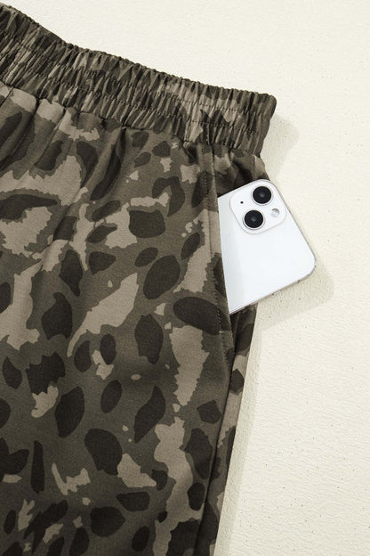 Olive Leopard Print Crew Neck Short Set