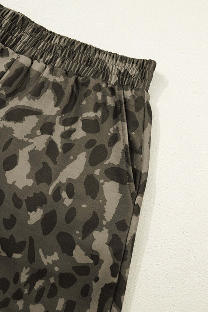 Olive Leopard Print Crew Neck Short Set