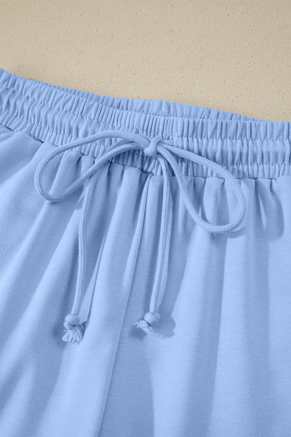 Sky Blue Collared V-Neck Tee & Drawstring Shorts 2-Piece Outfit