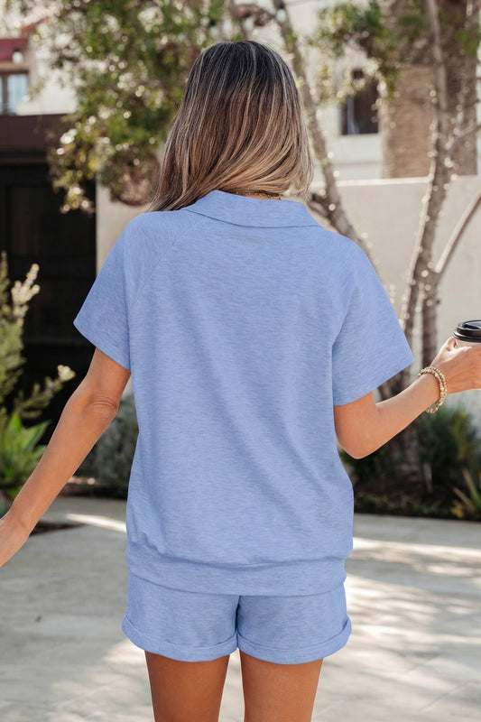 Sky Blue Collared V-Neck Tee & Drawstring Shorts 2-Piece Outfit