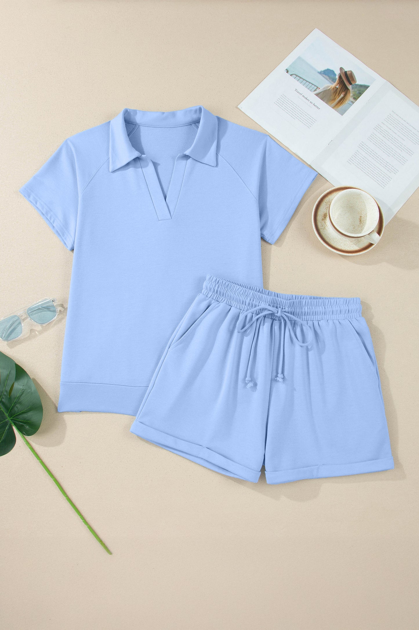 Sky Blue Collared V-Neck Tee & Drawstring Shorts 2-Piece Outfit