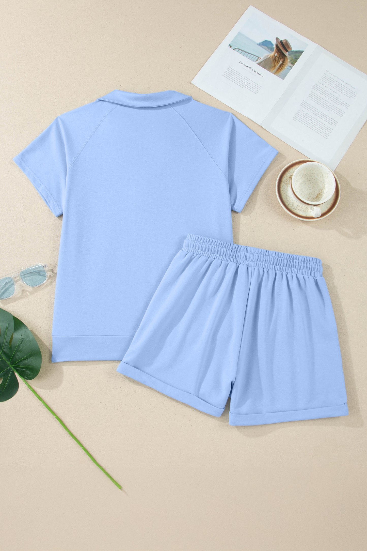 Sky Blue Collared V-Neck Tee & Drawstring Shorts 2-Piece Outfit