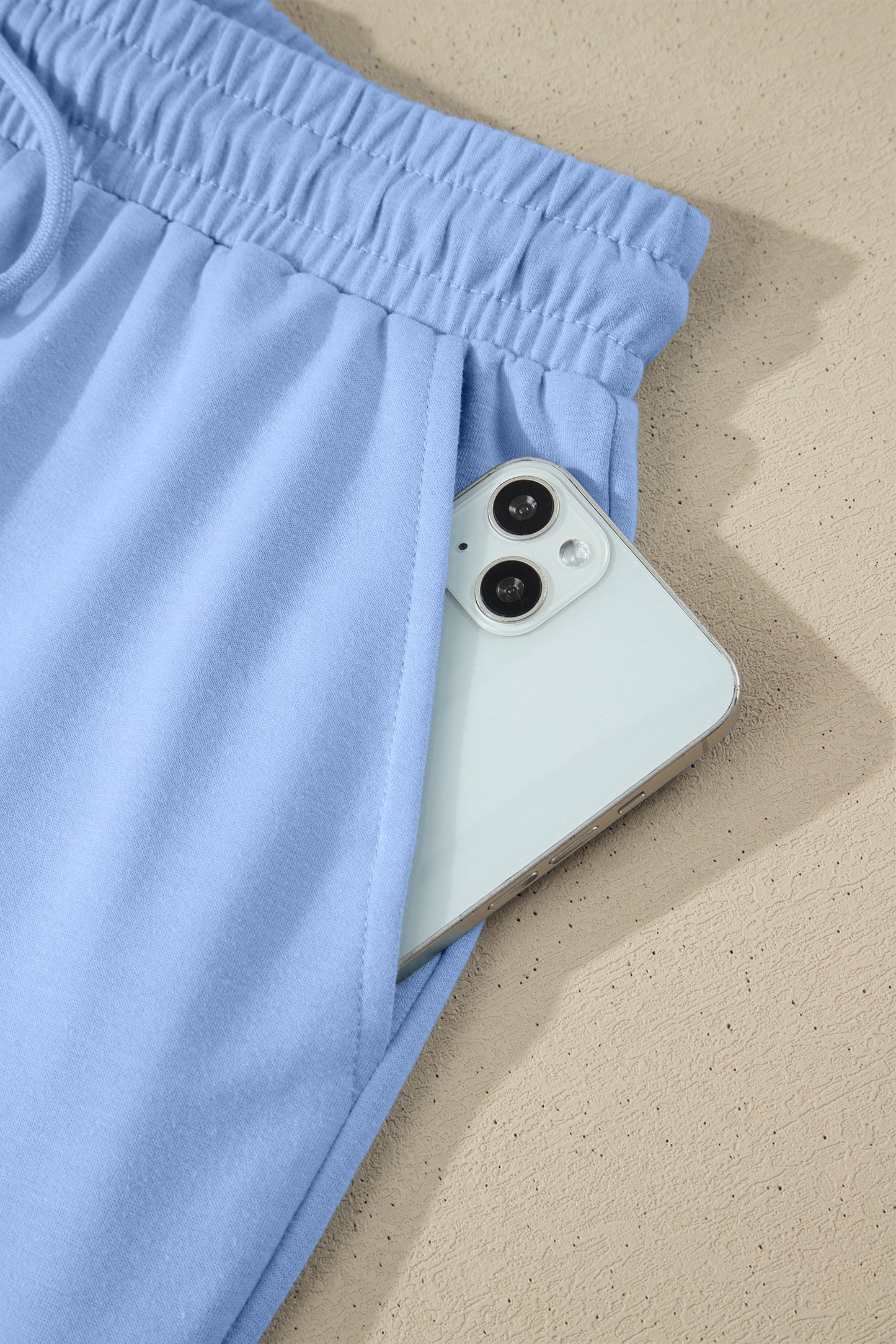 Sky Blue Collared V-Neck Tee & Drawstring Shorts 2-Piece Outfit
