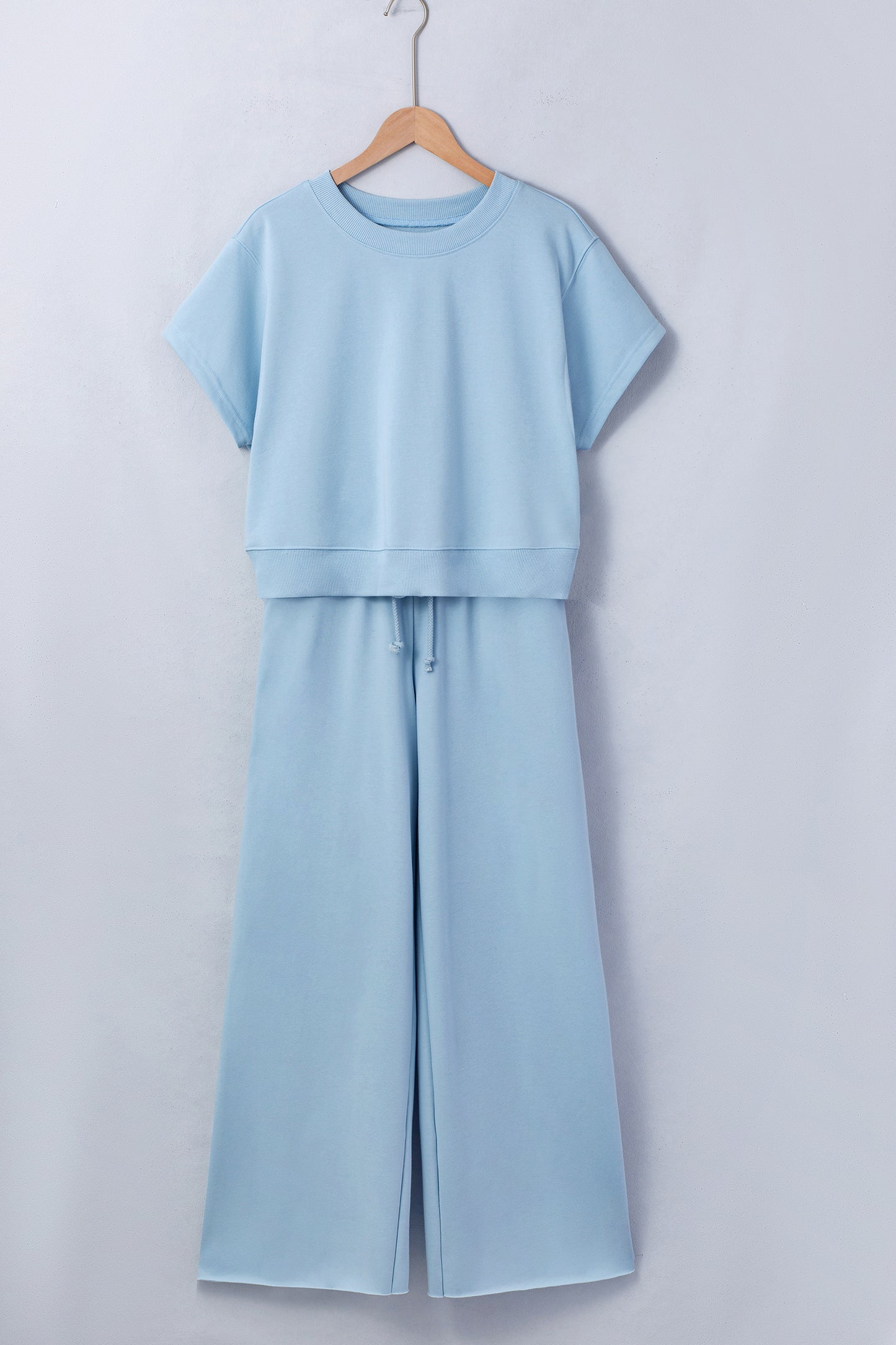 Mist Blue Loose Tee & Drawstring Wide Leg Pants Set