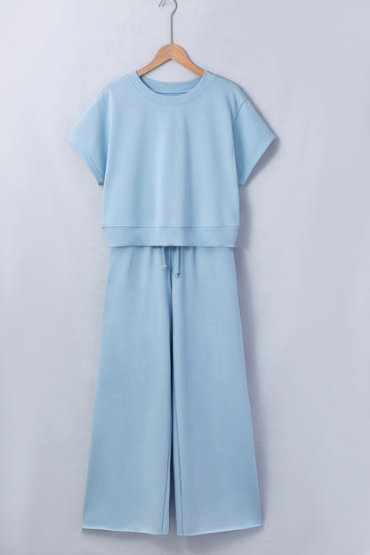 Mist Blue Loose Tee & Drawstring Wide Leg Pants Set
