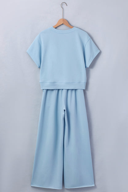 Mist Blue Loose Tee & Drawstring Wide Leg Pants Set