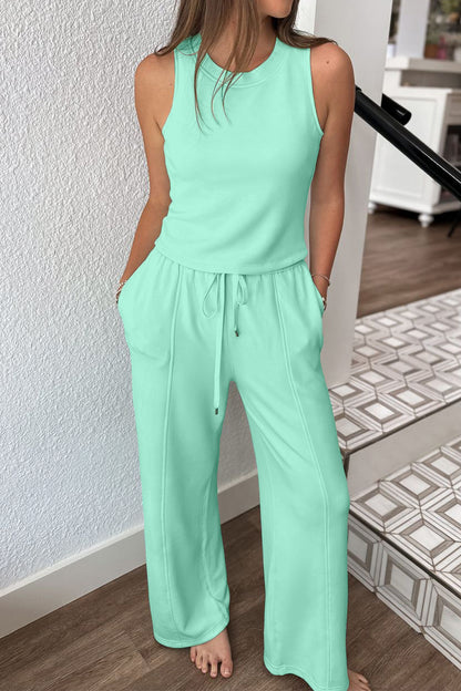 Moonlight jade two piece set - front on model showing full outfit with sleeveless tank tucked into wide-leg pants