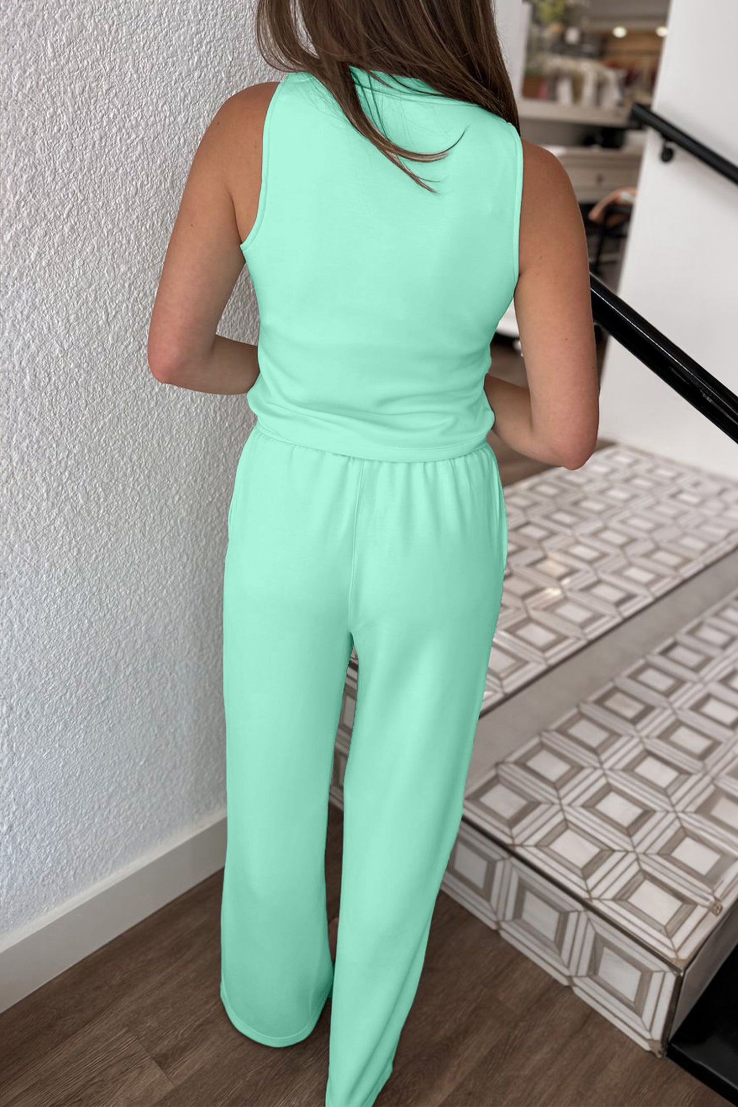 Moonlight jade two piece set - back on model showing wide-leg pants silhouette and tank back