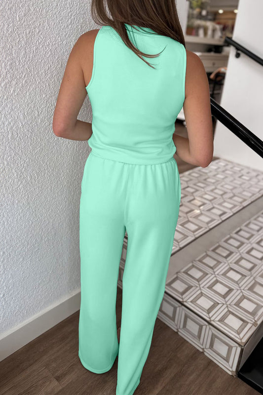 Moonlight jade two piece set - back on model showing wide-leg pants silhouette and tank back