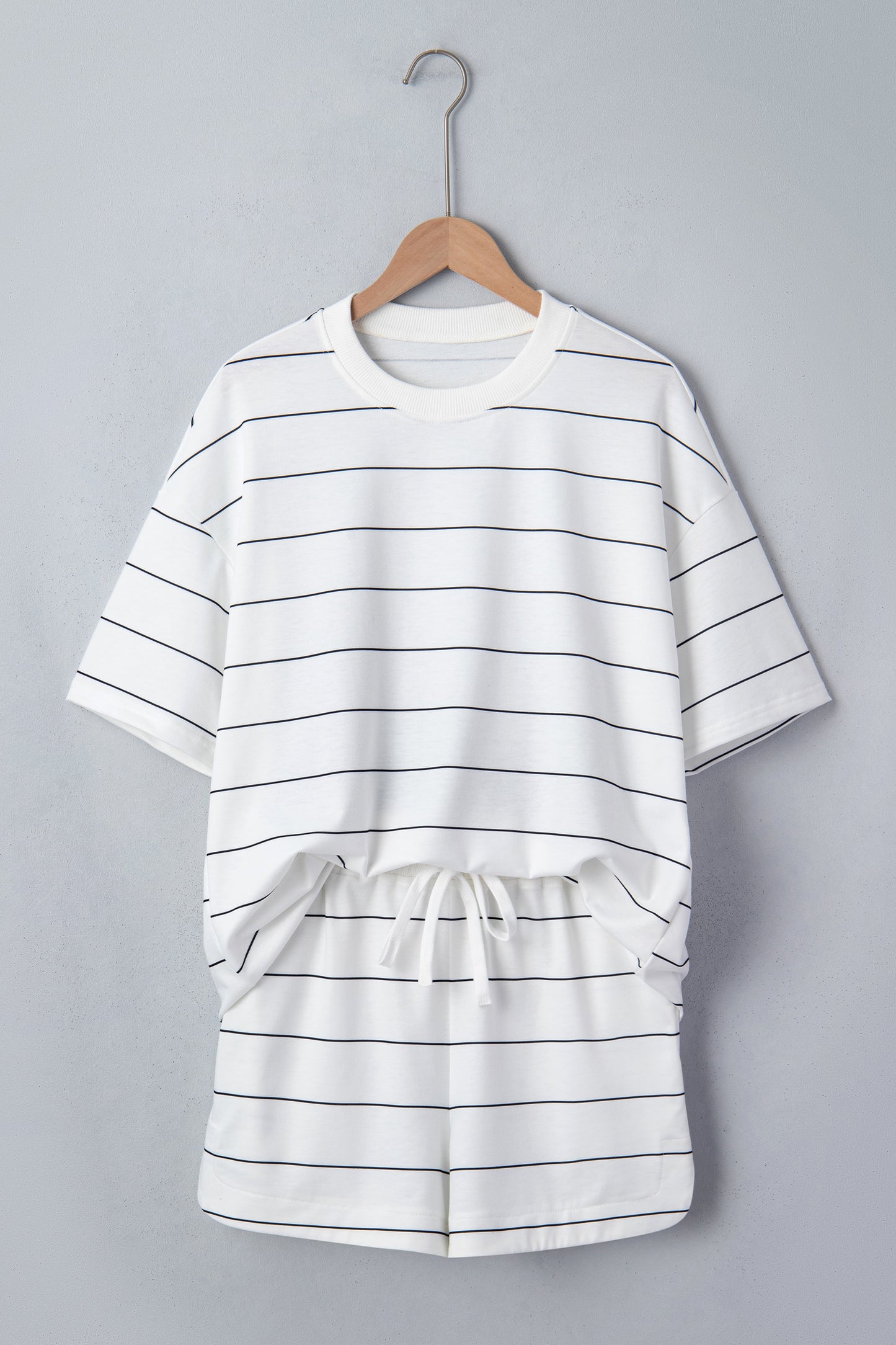 White Stripe Half Sleeve Tee & Drawstring Shorts Set