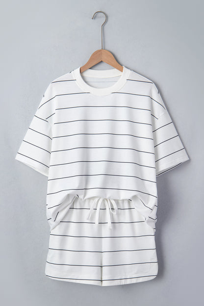 White Stripe Half Sleeve Tee & Drawstring Shorts Set