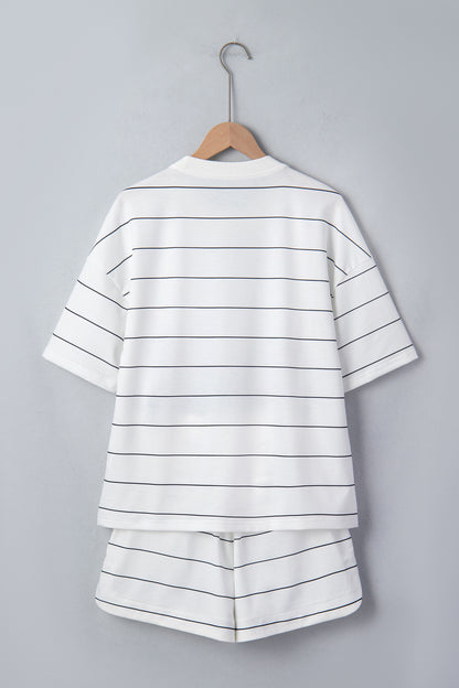 White Stripe Half Sleeve Tee & Drawstring Shorts Set