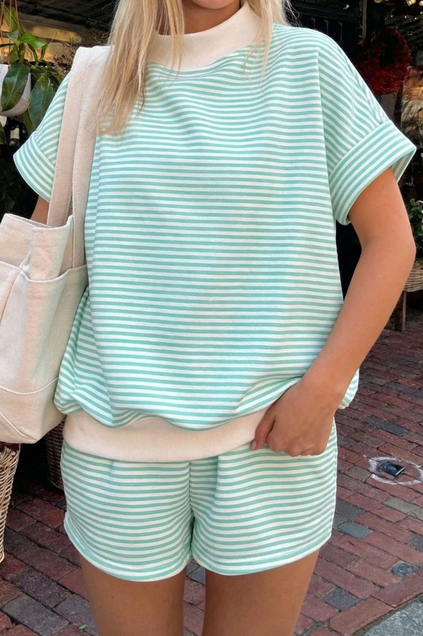 Mint Stripe Contrast Mock Neck Tee & Shorts Set