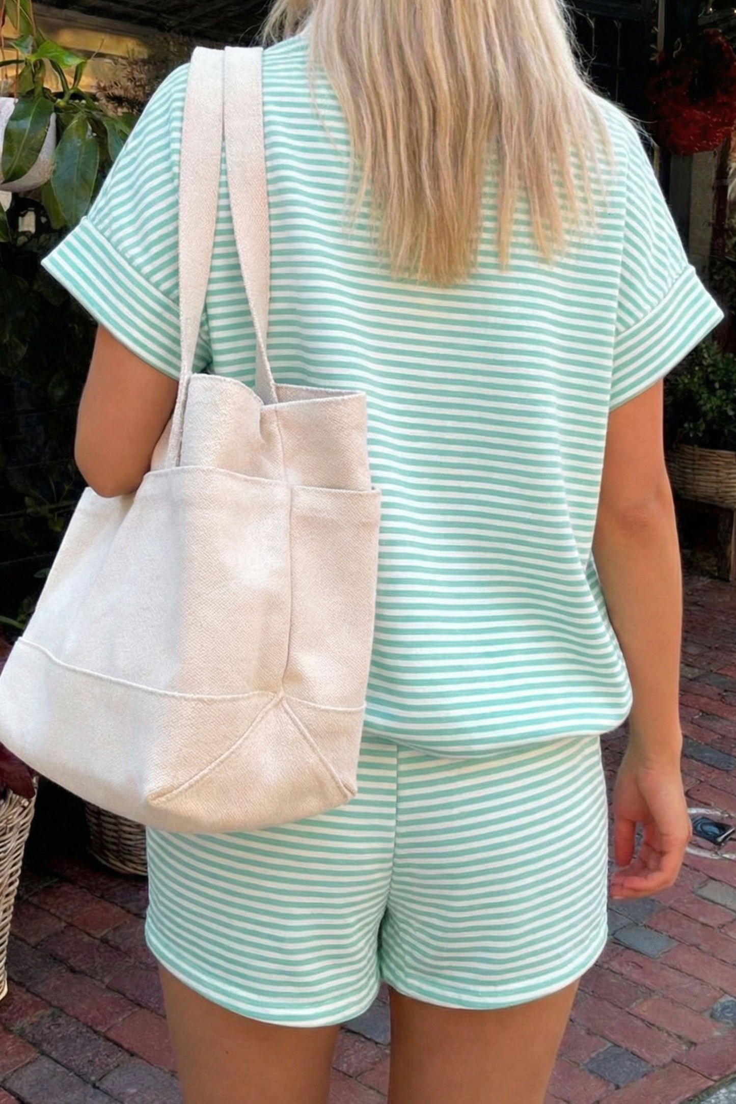 Mint Stripe Contrast Mock Neck Tee & Shorts Set