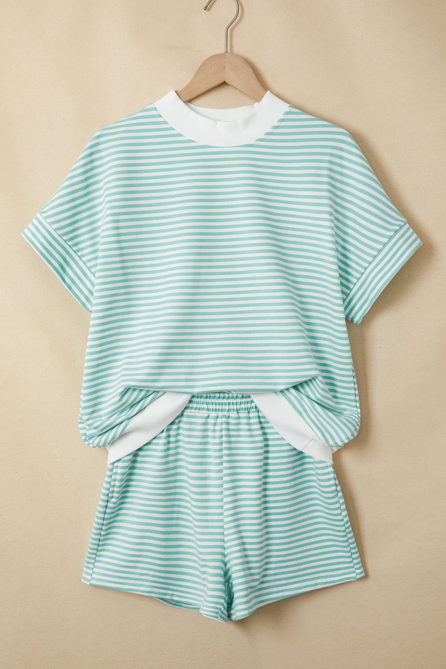 Mint Stripe Contrast Mock Neck Tee & Shorts Set