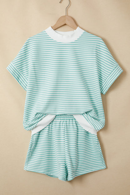 Mint Stripe Contrast Mock Neck Tee & Shorts Set