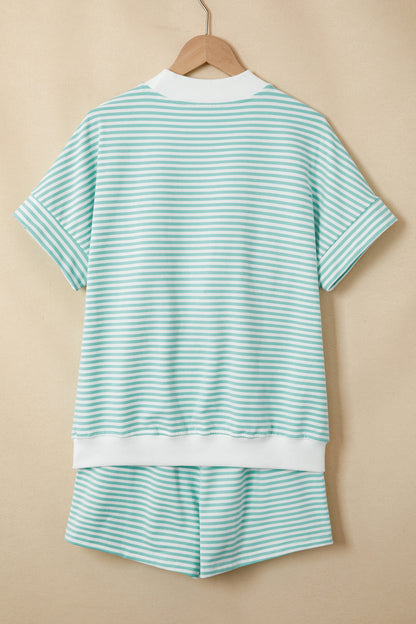 Mint Stripe Contrast Mock Neck Tee & Shorts Set