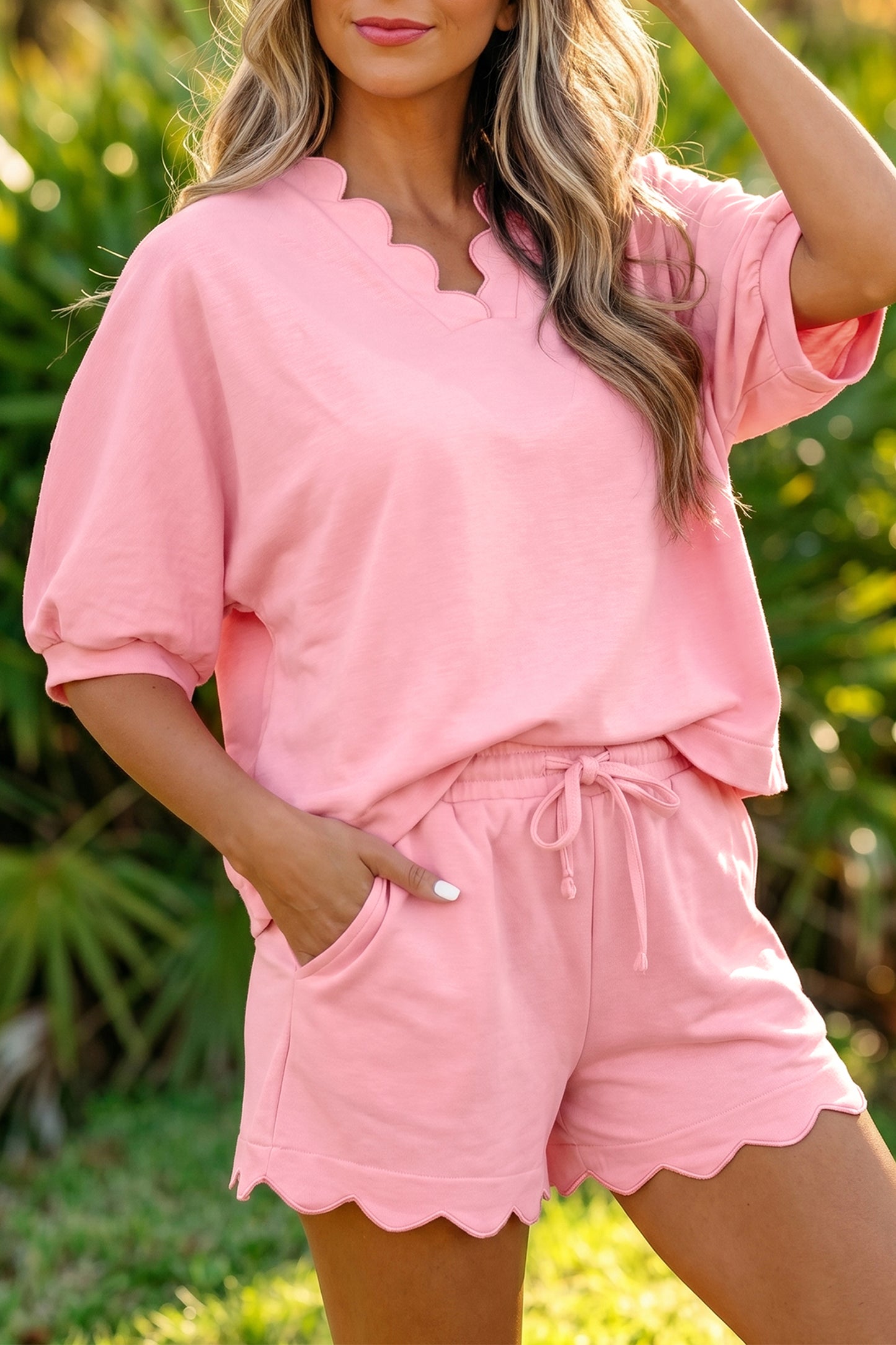 Pink Scalloped V-Neck Dolman Top & Drawstring Shorts Set