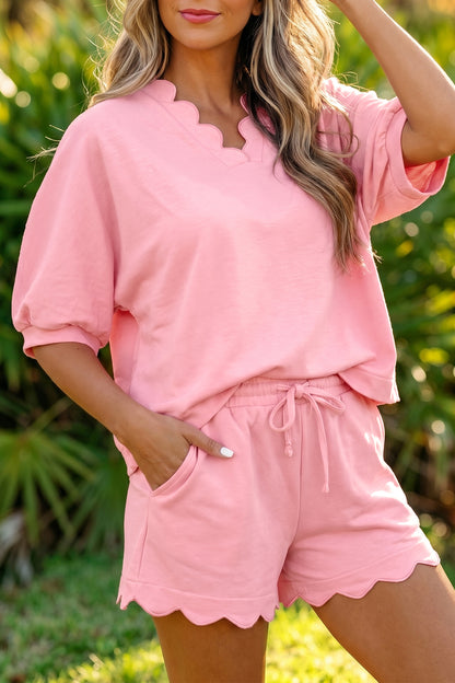 Pink Scalloped V-Neck Dolman Top & Drawstring Shorts Set