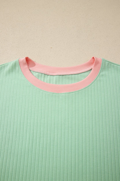 Clearly Aqua Soft Ribbed Color Block Trim Casual Short Set