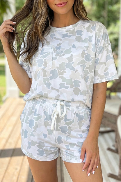 Grey Camo Print Casual Tee & Drawstring Shorts Set