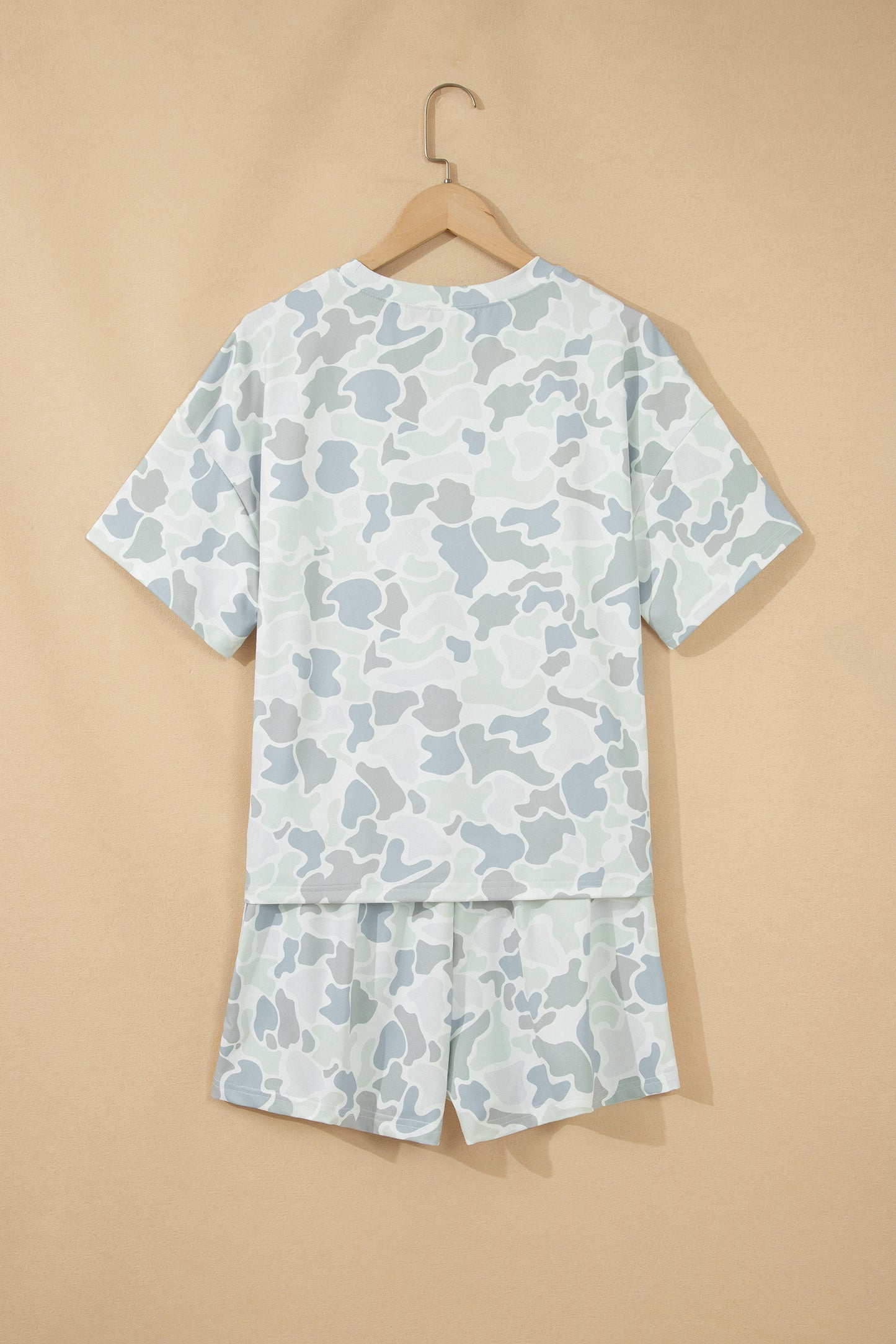 Grey Camo Print Casual Tee & Drawstring Shorts Set