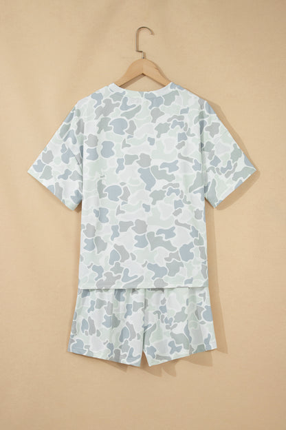 Grey Camo Print Casual Tee & Drawstring Shorts Set