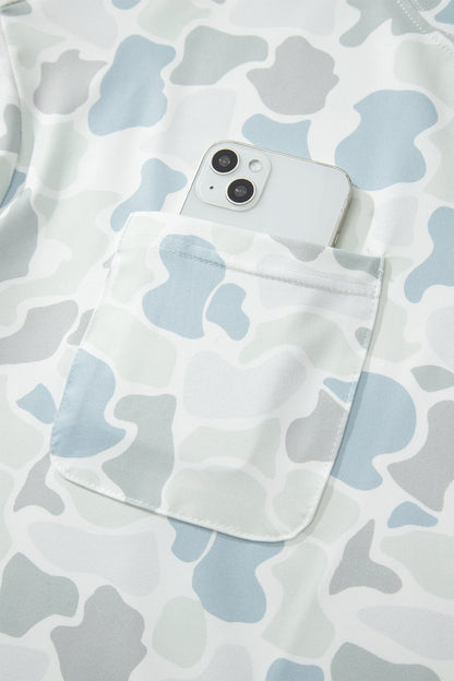 Grey Camo Print Casual Tee & Drawstring Shorts Set