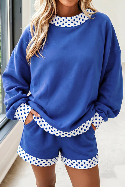 Royal Blue Polka Dot Trim Shorts Set
