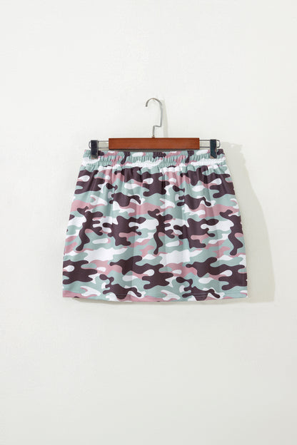 Green camouflage mini skort back view on hanger