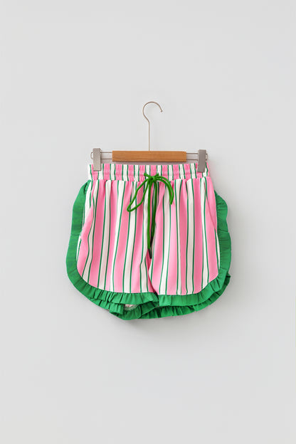 Pink stripe ruffle trim shorts - front flat lay on hanger showing full stripe pattern and ruffle hem