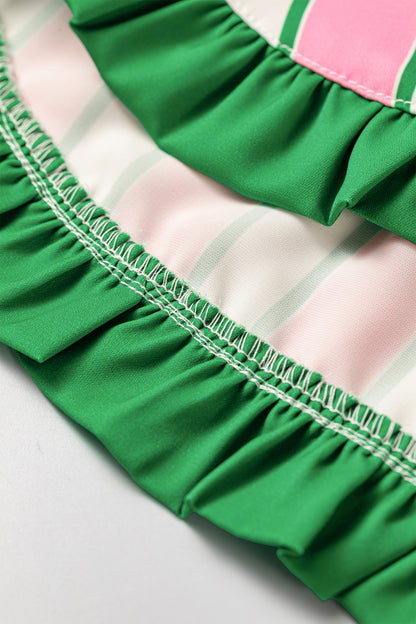 Pink stripe ruffle trim shorts - close-up of green ruffle trim stitching detail