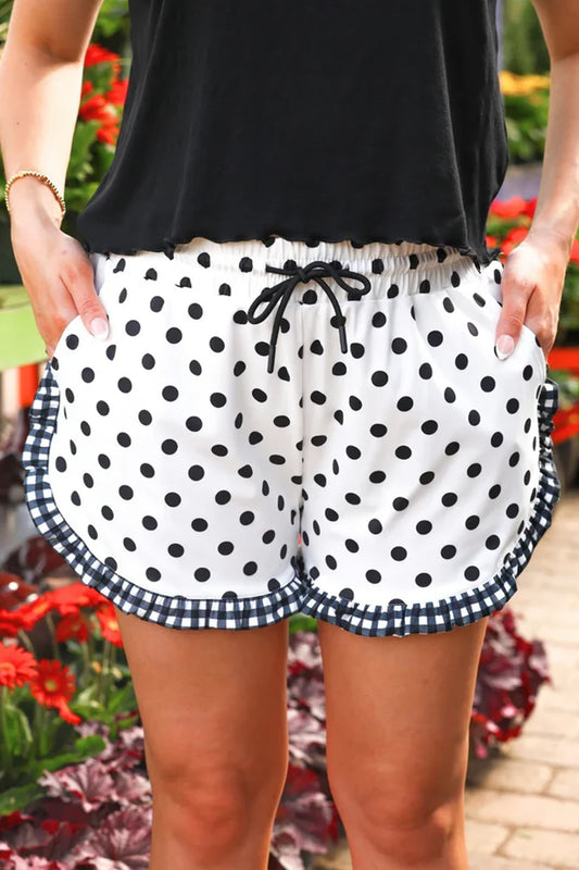 White Polka Dot Contrast Gingham Ruffle Trim Shorts