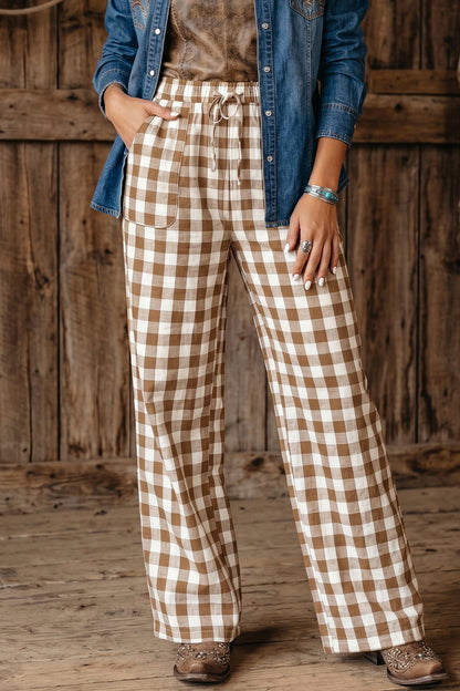 Brown gingham cotton wide-leg pants styled on a model