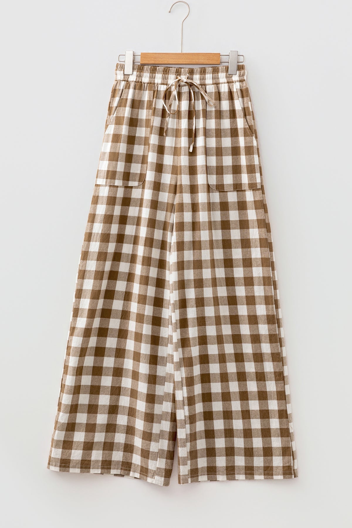 Brown Gingham Cotton Wide-Leg Pants