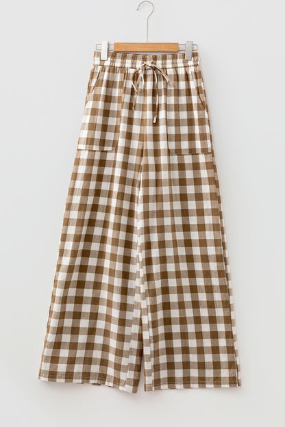Brown Gingham Cotton Wide-Leg Pants