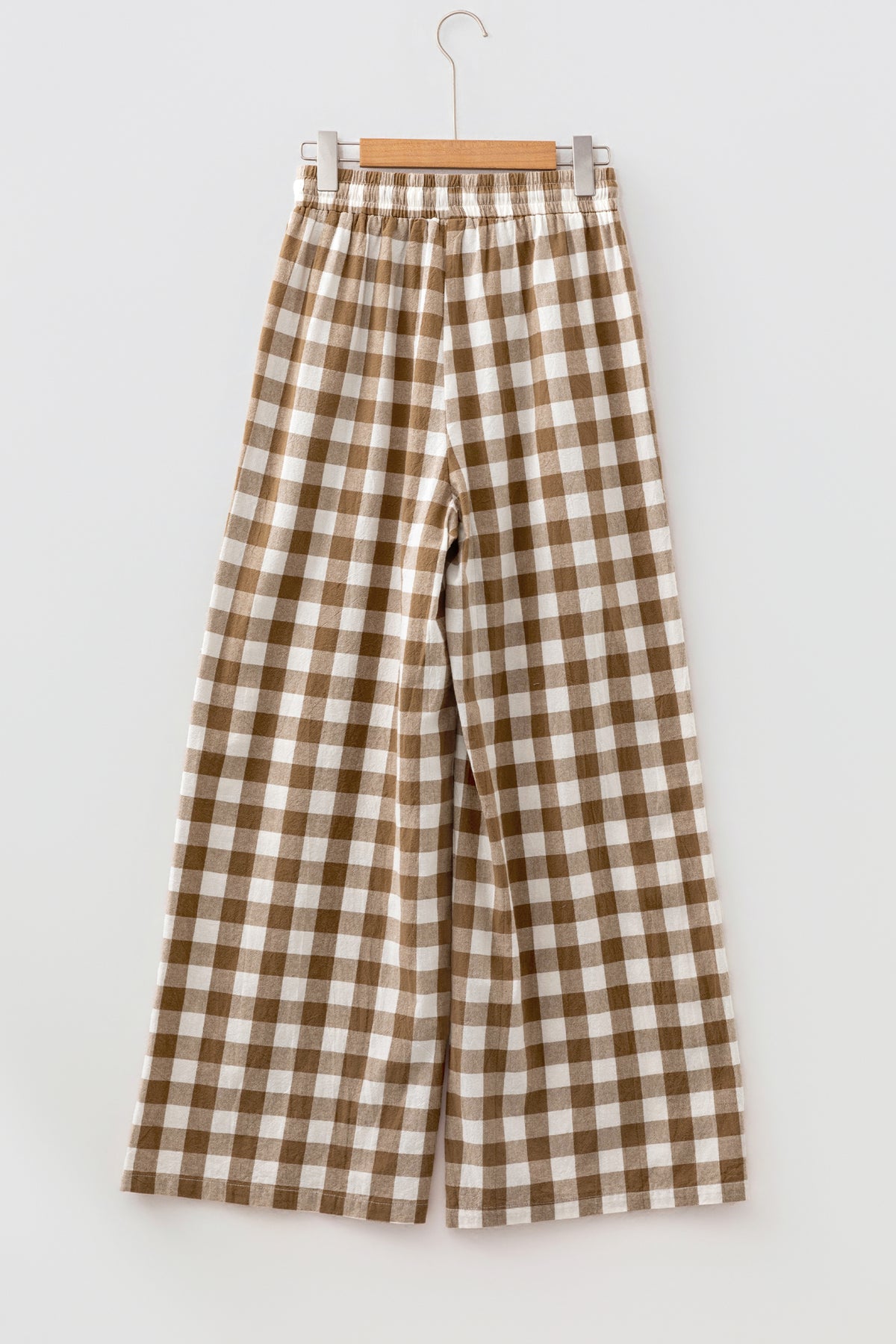 Brown Gingham Cotton Wide-Leg Pants