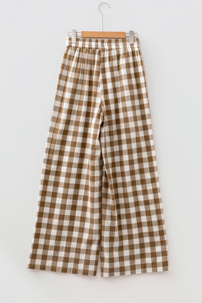Brown Gingham Cotton Wide-Leg Pants