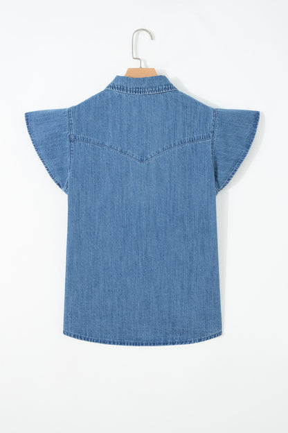 Dusk blue ruffle sleeve denim shirt - front on model with white jeans and aviator sunglasses showing full outfit