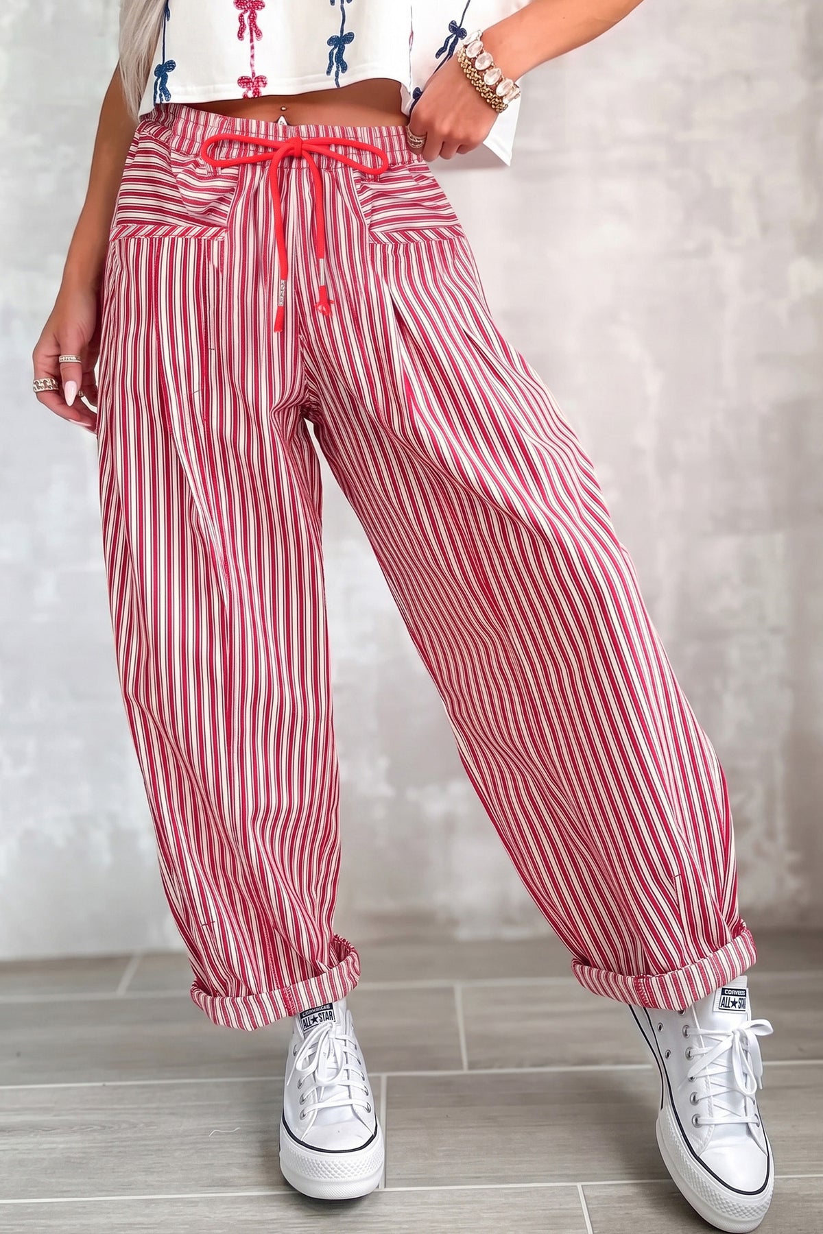 Red Stripe Cotton Drawstring Pants