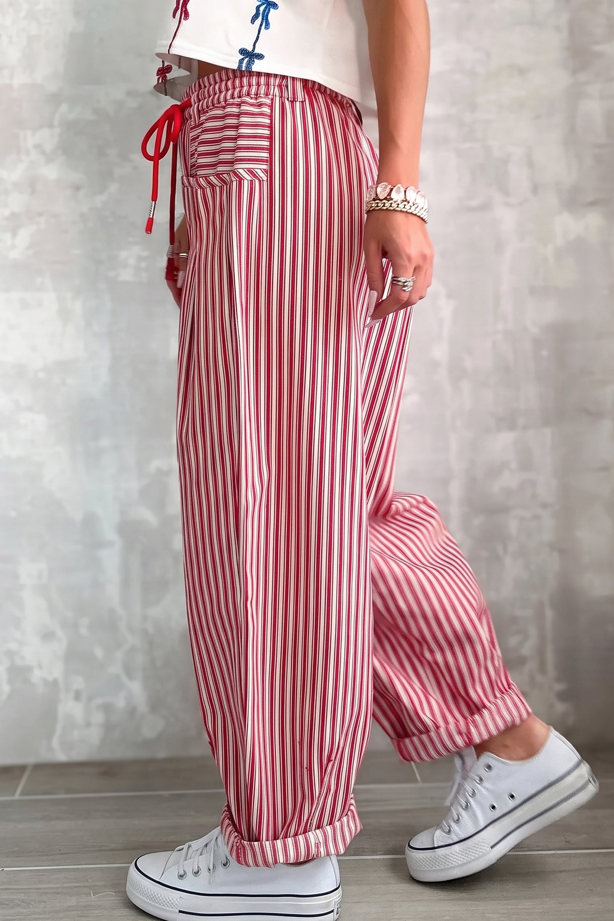 Red Stripe Cotton Drawstring Pants