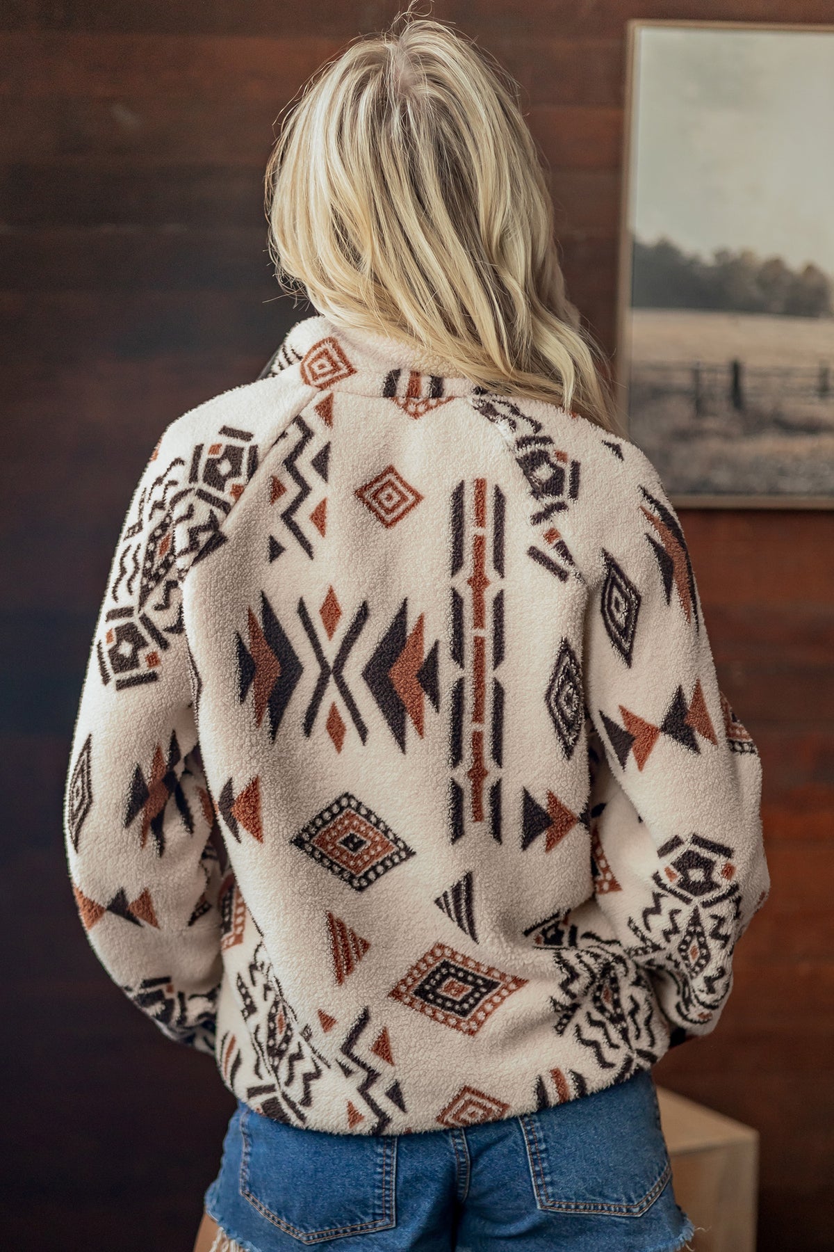 Beige Geometric Fleece Zip-Up Jacket