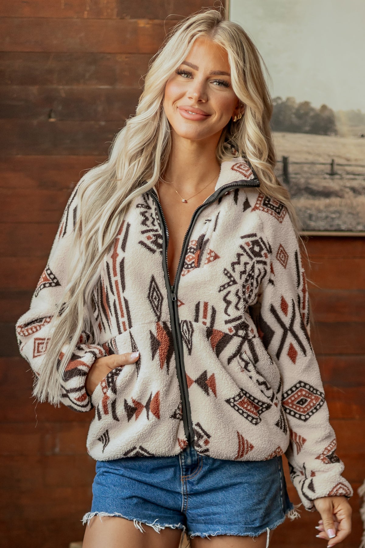 Beige Geometric Fleece Zip-Up Jacket